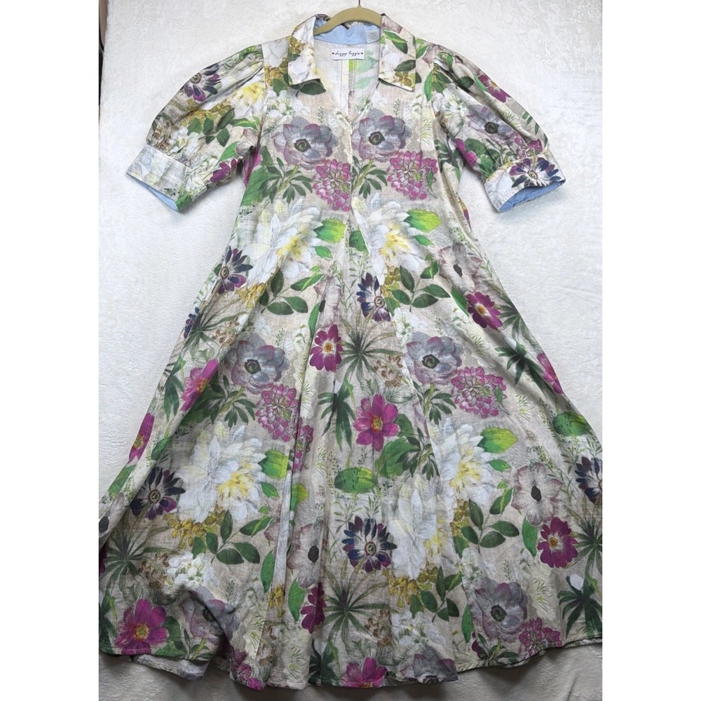Dizzy Lizzie Floral Linen Blend Dress Cottage Garden Party Resort V Neck L